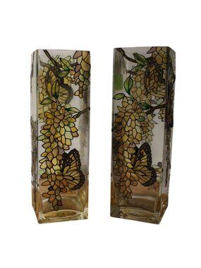 Joan Baker Designs Butterfly Yellow Wisteria Stained Glass Vases Pair Vintage